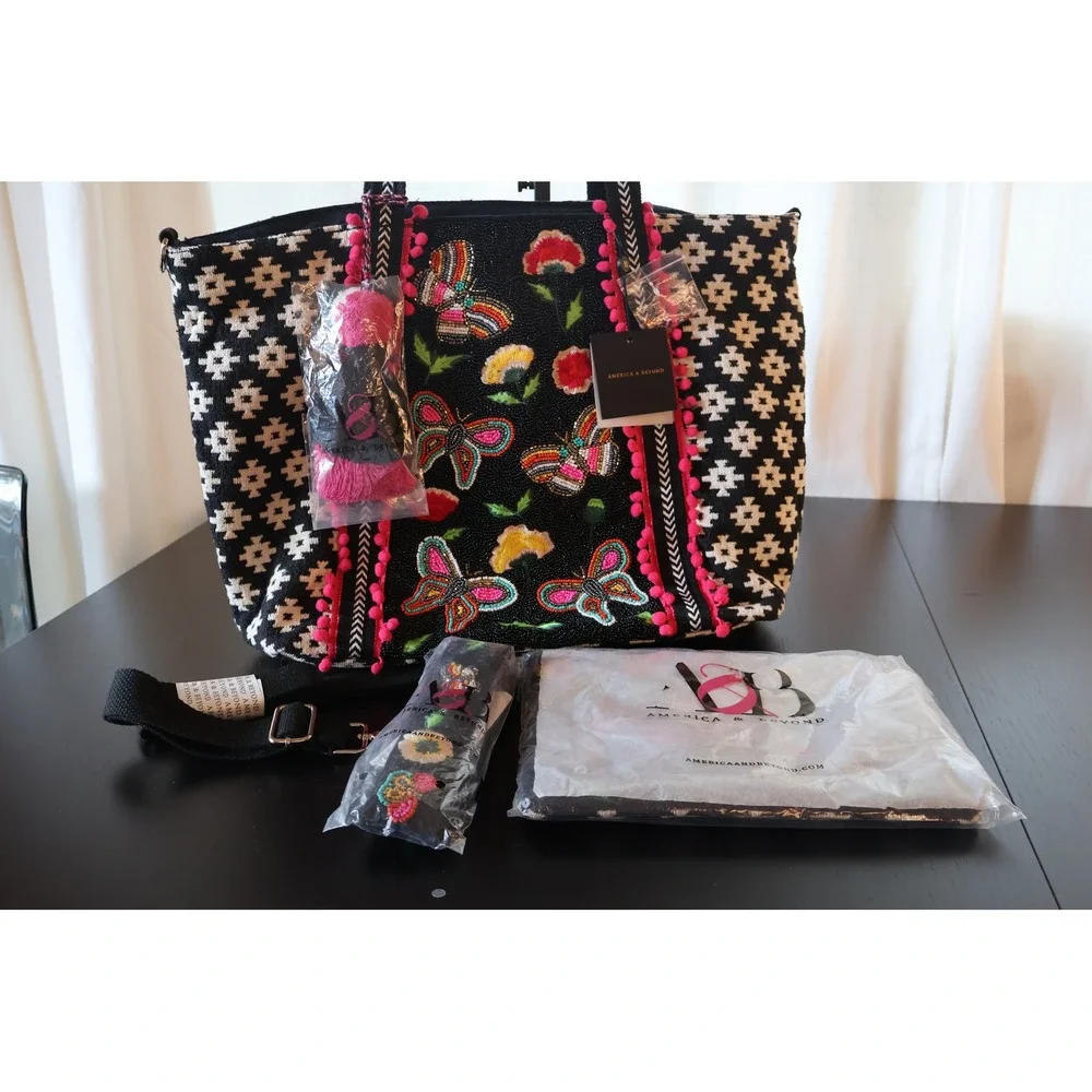 America & Beyond QVC Midnight Butterflies Beaded Tote Set NWT